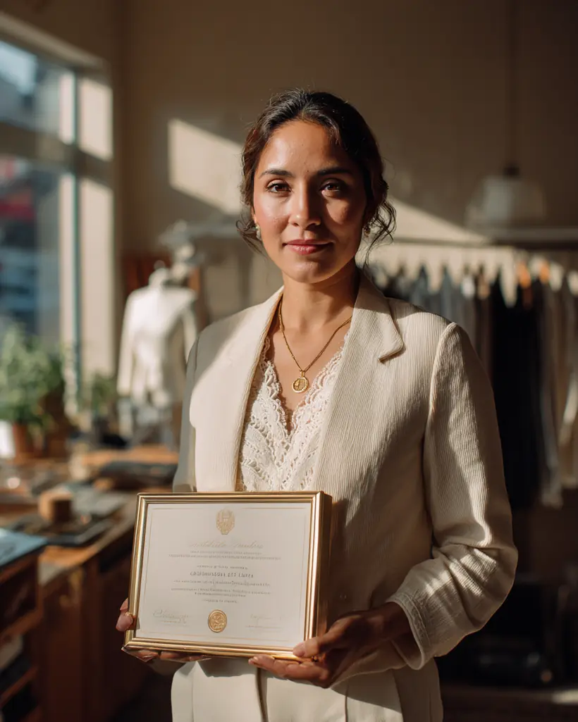 Dueña de negocio hispana sosteniendo con orgullo su certificación en IA del Sede IA Institute en su local.