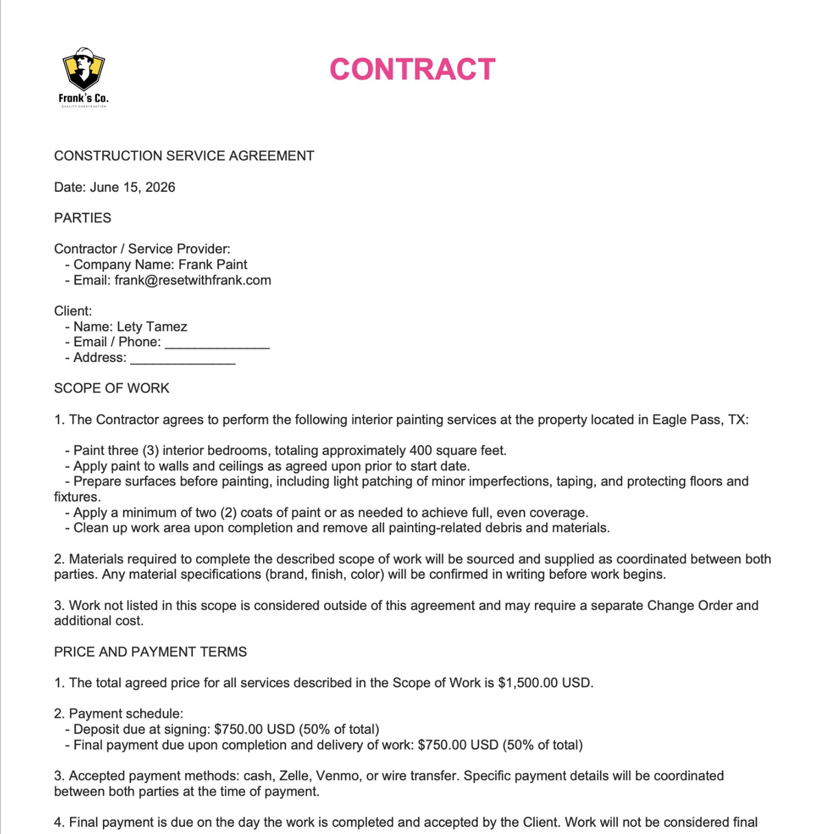 Contrato de servicio en PDF con el logo del negocio y las líneas de firma, listo para el cliente