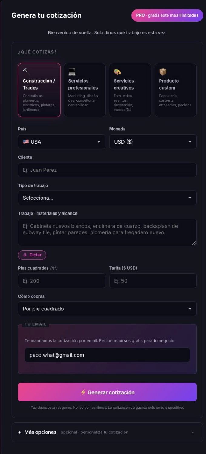 Pantalla de inicio del Cotizador IA con los cuatro modos para elegir según tu oficio