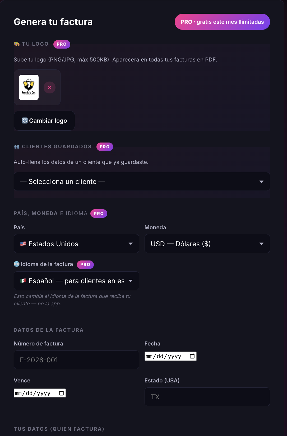 Pantalla de inicio de Factura IA, lista para empezar una factura nueva