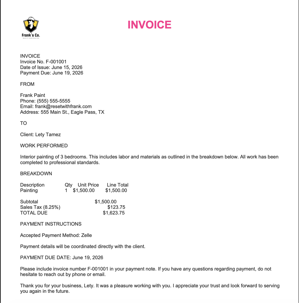 Factura en PDF con el logo del negocio, lista para mandar al cliente y cobrar