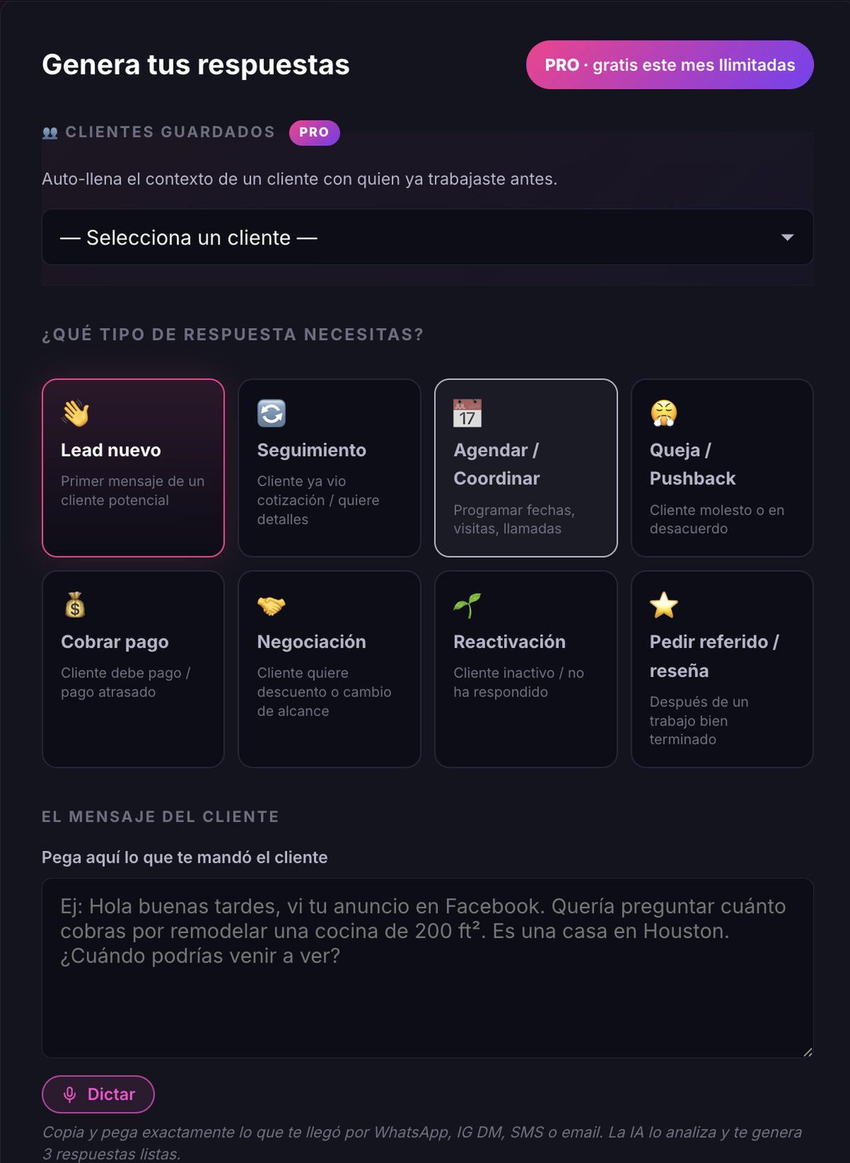 Pantalla de inicio de Mensajes IA para elegir el tipo de mensaje a responder