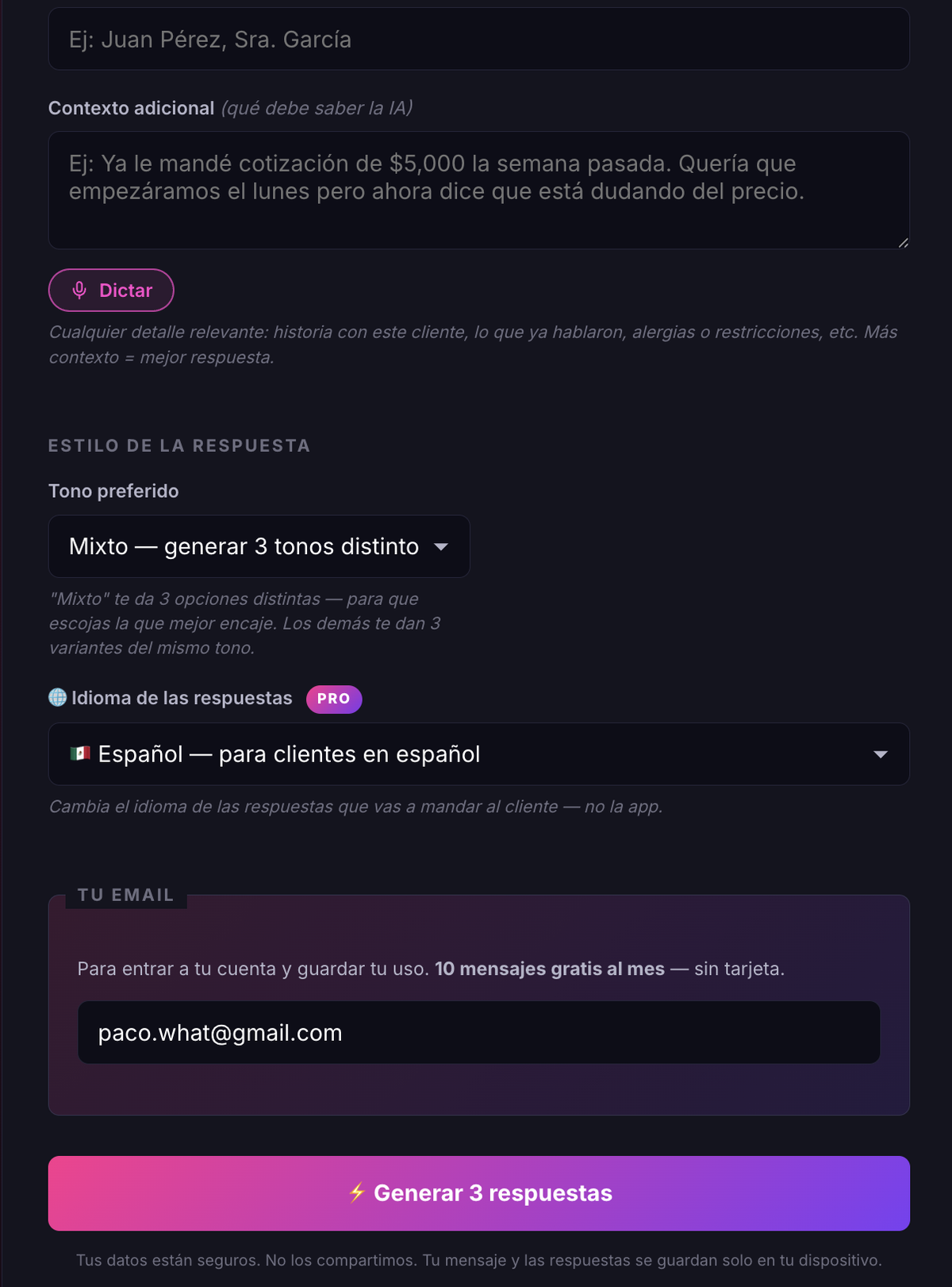 Formulario de Mensajes IA con el mensaje del cliente pegado y el contexto