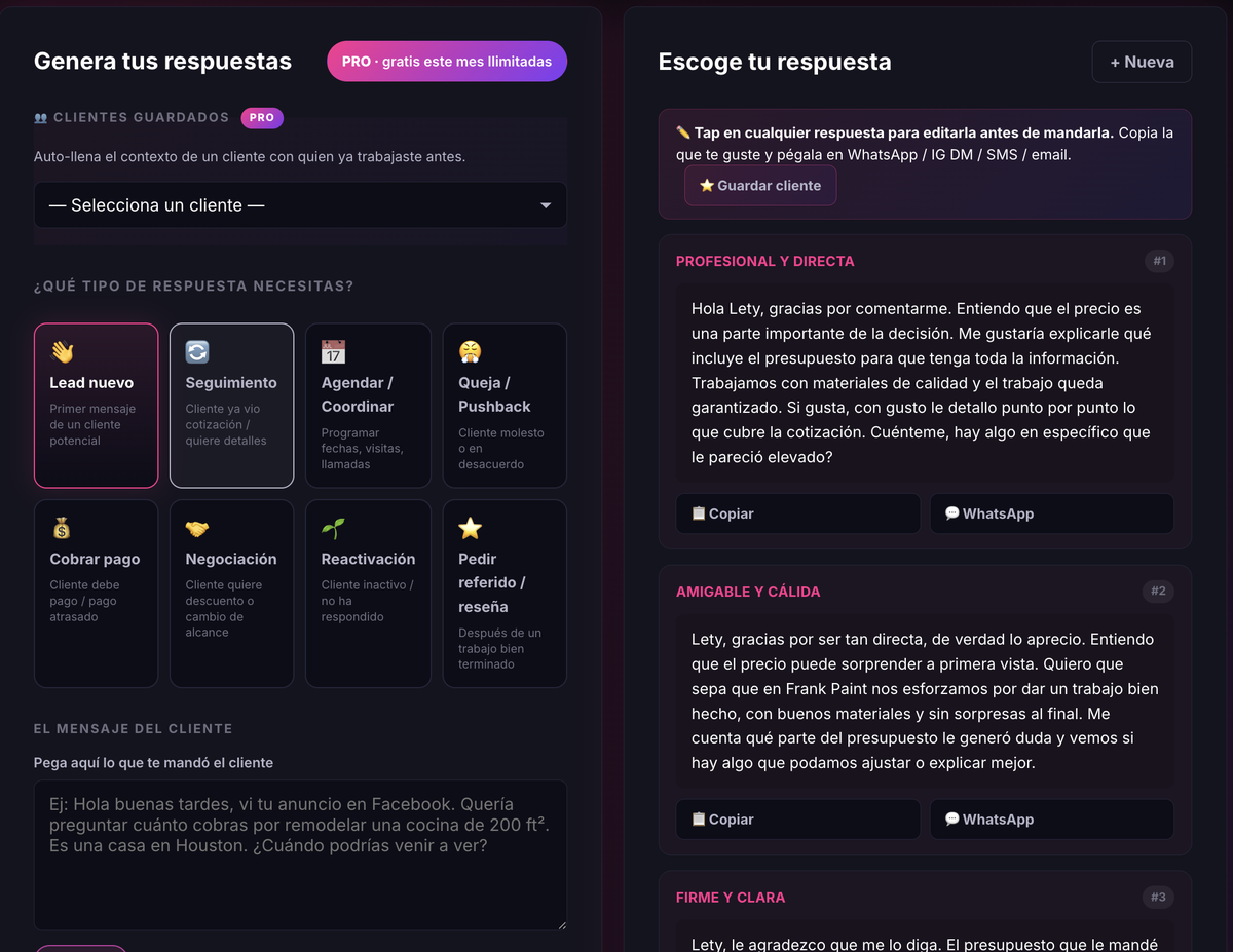 Tres respuestas profesionales generadas por Mensajes IA, listas para elegir