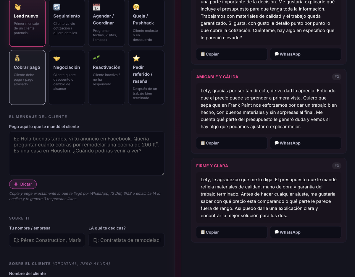 Respuesta de Mensajes IA lista para copiar y mandar al cliente
