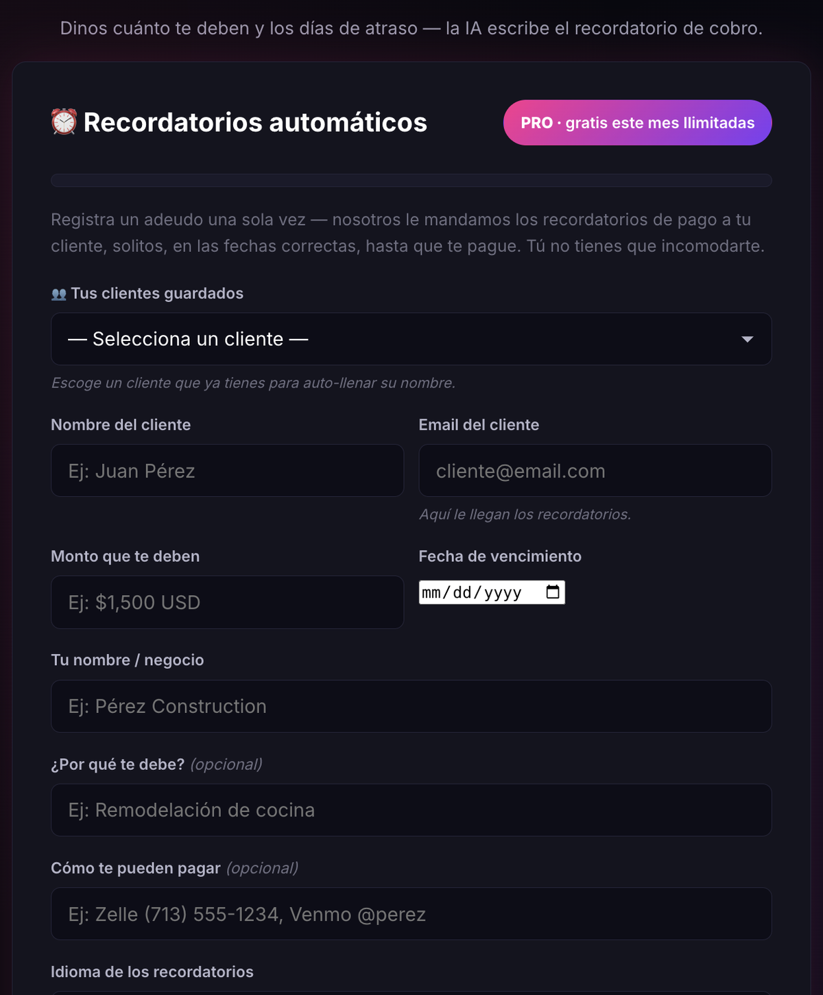 Formulario de Recordatorios IA con los datos del cobro