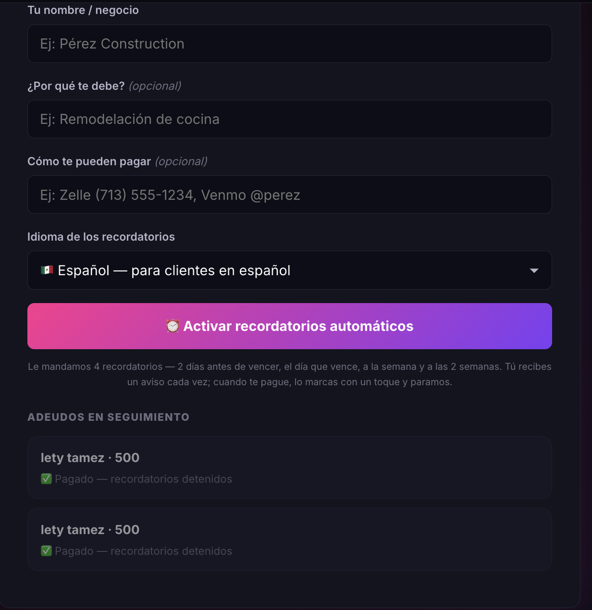 Recordatorios IA generando el mensaje de cobranza listo para mandar
